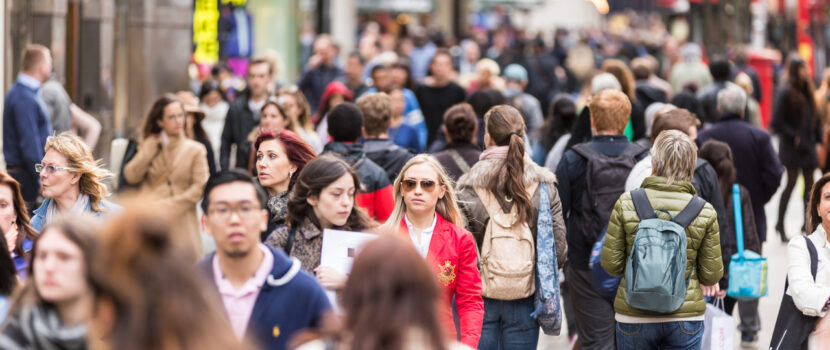 A busy high street in the daytime